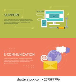 Set for web and mobile applications of office work. Operator with different item icons such as network, 24h, info, message. Support concept and e-communication in flat design