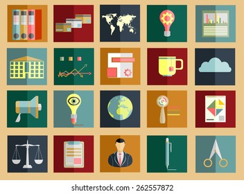 Set for web and mobile applications of office work, social media, marketing concepts items icons in flat design