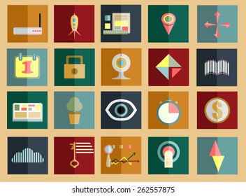 Set for web and mobile applications of office work, social media, marketing concepts items icons in flat design