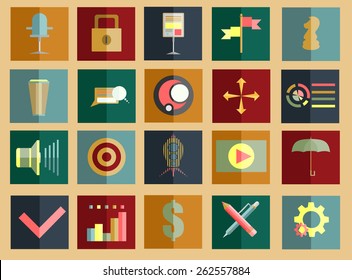 Set for web and mobile applications of office work, social media, marketing concepts items icons in flat design