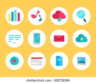 Set for web and mobile applications of office work, social media, seo optimization, internet job, analysis of documents, media content, online communication, marketing concepts items icons
