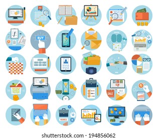 Set for web and mobile applications of online purchase, engineering, social media, seo search optimization, pay per click, analysis of documents, online shopping concepts items icons in flat design