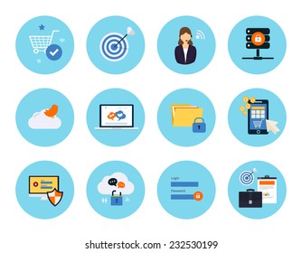 Set for web and mobile applications of  social media, data protection, mobile marketing, pay per click, internet security, market research concepts items icons in flat design