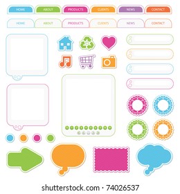 set of web nav bar, stickers, boxes and icons isolated on white, no gradients