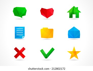 Set of web network communication or interface icons. Stained glass symbols of speaking, make, save, talk, star, message in transparent style. Isolated abstract graphic design template. Logo collection