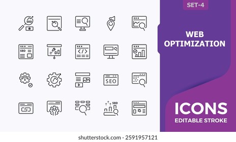 Set of web optimization line icons. Contain linear outline icons market, support, internet, advertising, consulting, technical, graph. Expanded stroke. Minimalistic icon collections.