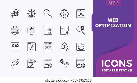 Set of web optimization line icons. Contain linear outline icons market, support, internet, advertising, consulting, technical, graph. Expanded stroke. Minimalistic icon collections.