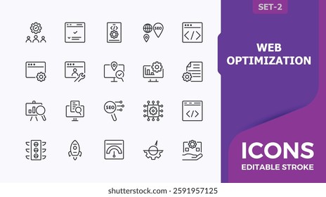 Set of web optimization line icons. Contain linear outline icons market, support, internet, advertising, consulting, technical, graph. Expanded stroke. Minimalistic icon collections.