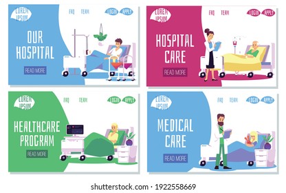 Set web page banners with patients and doctors in hospital ward, flat vector illustration. Landing pages collection on healthcare and medical surgical treatment topic.