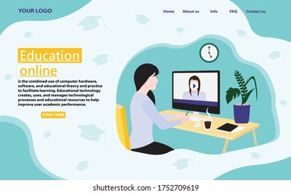 Set of web page design for online education, training and courses, e-learning; Girl with laptop; lettering text; vector illustration concepts for website; Vector eps 10.