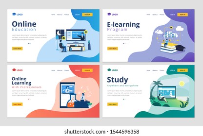 Set of web page design template for online education, online learning, online courses, e-learning. Illustration for website and mobile website development