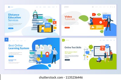 Set of web page design templates for distance education, video tutorials, e-learning, online test skills. Modern vector illustration concepts for website and mobile website development. 