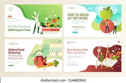 Set of web page design templates for organic food and drink, natural products, restaurant, online food ordering, recipes. Vector illustration concepts for website and mobile website development.