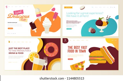 Set of web page design templates for fast food,  ice cream, pastry shop, confectionery, sweets, restaurant, food and drink. Vector illustration concepts for website and mobile website development. 