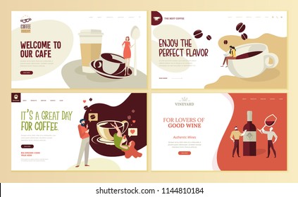 Set of web page design templates for coffee, cafe bar,  coffee shop, restaurant, wine, vineyard, wine shop, e-commerce. Vector illustration concepts for website and mobile website development. 