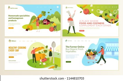 Set of web page design templates for food and drink, natural products, organic food, restaurant, online store. Vector illustration concepts for website and mobile website development. 
