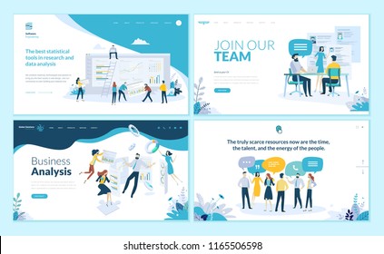 Set of web page design templates for business app, data analysis, career, communication, teamwork. Modern vector illustration concepts for website and mobile website development. 