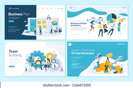 Conjunto de modelos de design de página web para plano de negócios, análise e estatísticas, construção de equipes, consultoria. Conceitos modernos de ilustração vetorial para o desenvolvimento de sites e sites móveis.