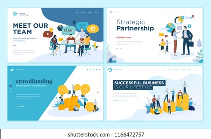 Set Of Web Page Design Templates For Our Team, Meeting And Brainstorming, Strategic Partnership, Crowdfunding, Business Success. Vector Illustration Concepts For Website And Mobile Website Development