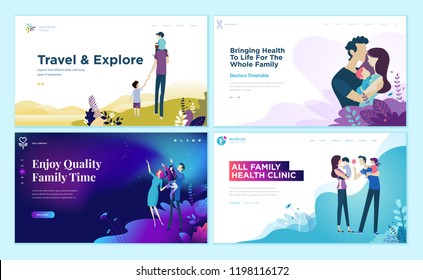 Set Of Web Page Design Templates For Family Health Care, Travel And Enjoying Family Activities. Modern Vector Illustration Concepts For Website And Mobile Website Development. 