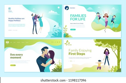 Set of web page design templates for happy family, family vacation, baby care. Modern vector illustration concepts for website and mobile website development. 