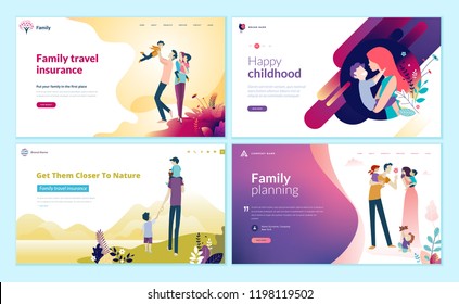 Set of web page design templates for family planning, travel insurance, nature and healthy life. Modern vector illustration concepts for website and mobile website development. 