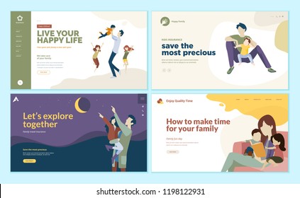 Set of web page design templates for family time, kids insurance, happy family. Modern vector illustration concepts for website and mobile website development. 