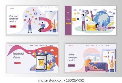 Set of web page design templates for social media, global message service, customer retination, transaction api service. Modern vector illustration concepts for website and mobile website development.