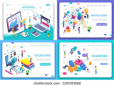 Set of web page design templates for business, brainstorm, teamwork, recruiting, outsourcing. Vector illustration concepts for website and mobile