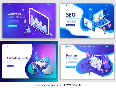 Set of web page design templates for business, analytical, SEO optimization, business planning, Co working.Center Vector illustration concepts for website and mobile.