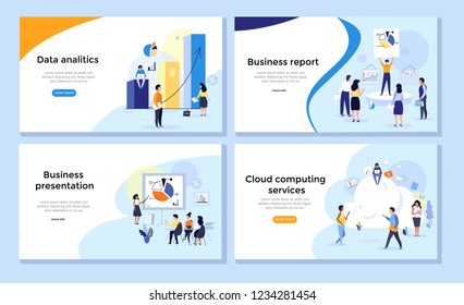 Set of web page design templates for data analysis statistics, corporate reports, business presentation and cloud computing services. Concepts vector illustration with flat cartoon characters.