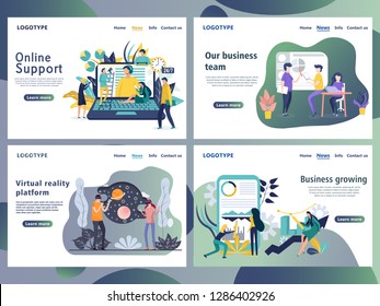 Set of web page design templates for business. Landing page shows the meeting and brainstorming, strategic partnership, crowdfunding and processing in the office or by the freelancer.
