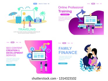 Set of web page design templates for holiday, family, teamwork, business strategy, analytic and presentation. Modern vector illustration concepts for website and mobile website development. Vector