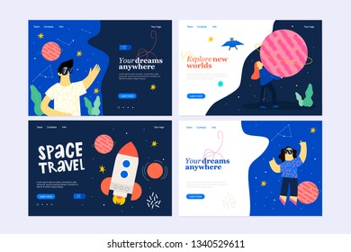 Set of web page design templates, digital marketing, brainstorm, VR and future business strategy and analytics. Modern vector illustration concepts for website and mobile website development.