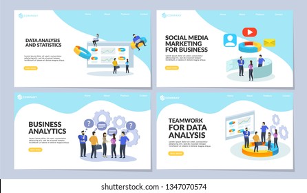 Set of web page design templates for online shopping, digital marketing, teamwork, business strategy and analytics. Modern vector illustration concepts for website and mobile website development. 