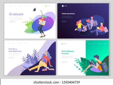 Set of web page design templates with relaxed learning people outdoor and graduate for online education, training and courses. Modern vector illustration concepts for website