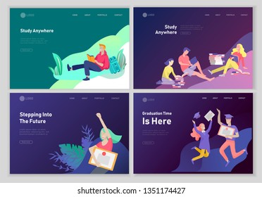 Set of web page design templates with relaxed learning people outdoor and graduate for online education, training and courses. Modern vector illustration concepts for website