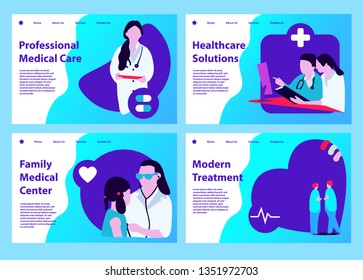 Set of web page design templates for online medical support, health care, laboratory, medical services. Modern vector illustration concepts for website and mobile website development.
