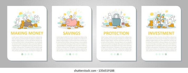 Set of web page design templates for business, finance and marketing. Modern vector illustration concepts for mobile website development with people and coins.