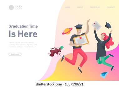 Set of web page design templates with smiling graduates people in graduation gowns holding diplomas and happy Jumping. Modern vector illustration concepts for website and mobile website development