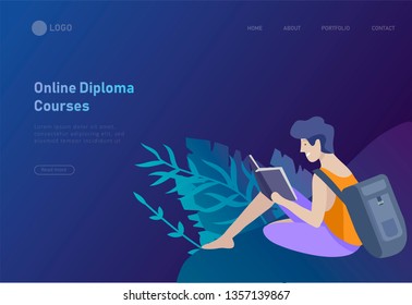 Set of web page design templates with relaxed learning people outdoor for online education, training and courses. Modern vector illustration concepts for website and mobile website development