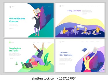 Set of web page design templates with relaxed learning people outdoor and graduate for online education, training and courses. Modern vector illustration concepts for website