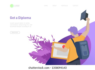 Set of web page design templates with smiling graduates people in graduation gowns holding diplomas and happy Jumping. Modern vector illustration concepts for website and mobile website development