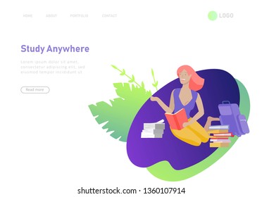 Set of web page design templates with relaxed learning people outdoor for online education, training and courses. Modern vector illustration concepts for website and mobile website development