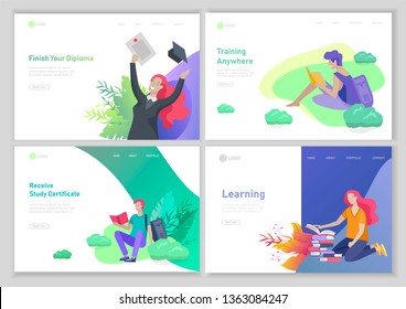 Set of web page design templates with relaxed learning people outdoor and graduate for online education, training and courses. Modern vector illustration concepts for website
