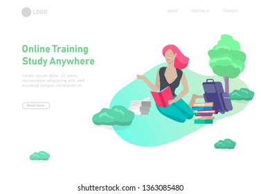 Set of web page design templates with relaxed learning people outdoor for online education, training and courses. Modern vector illustration concepts for website and mobile website development