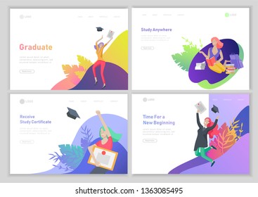 Set of web page design templates with relaxed learning people outdoor and graduate for online education, training and courses. Modern vector illustration concepts for website