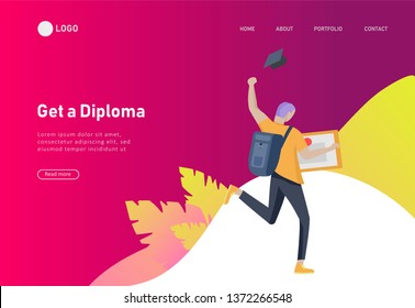 Set of web page design templates with smiling graduates people in graduation gowns holding diplomas and happy Jumping. Modern vector illustration concepts for website and mobile website development