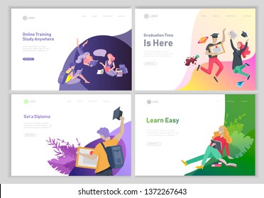 Set of web page design templates with relaxed learning people outdoor and graduate for online education, training and courses. Modern vector illustration concepts for website