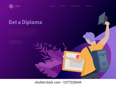 Set of web page design templates with smiling graduates people in graduation gowns holding diplomas and happy Jumping. Modern vector illustration concepts for website and mobile website development